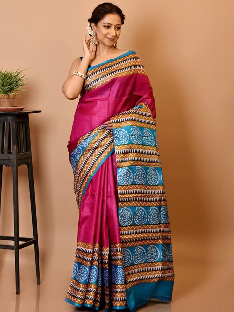 

AllSilks Pink & Blue Paisley Silk Blend Tussar Saree