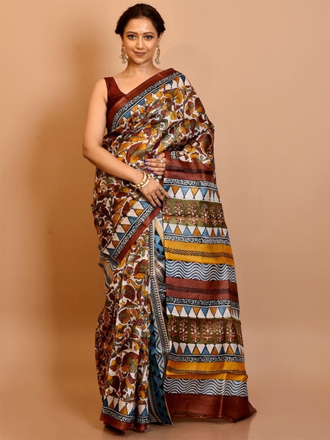 

AllSilks Cream-Coloured & Brown Kalamkari Silk Blend Tussar Saree