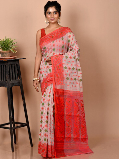 

AllSilks Off White & Red Woven Design Zari Jamdani Pure Cotton Taant Saree