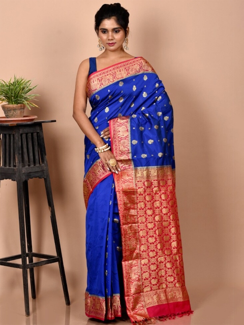 

AllSilks Blue & Red Woven Design Zari Silk Blend Kanjeevaram Saree