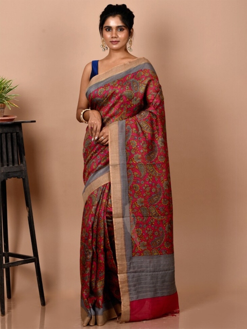 

AllSilks Pink & Grey Paisley Silk Blend Tussar Saree