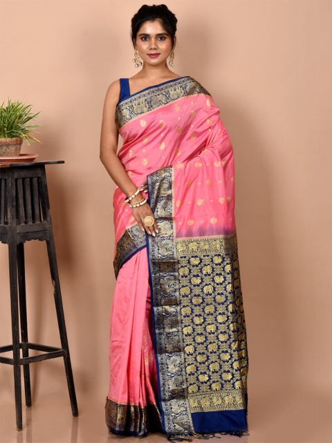 

AllSilks Pink & Blue Woven Design Zari Silk Blend Kanjeevaram Saree