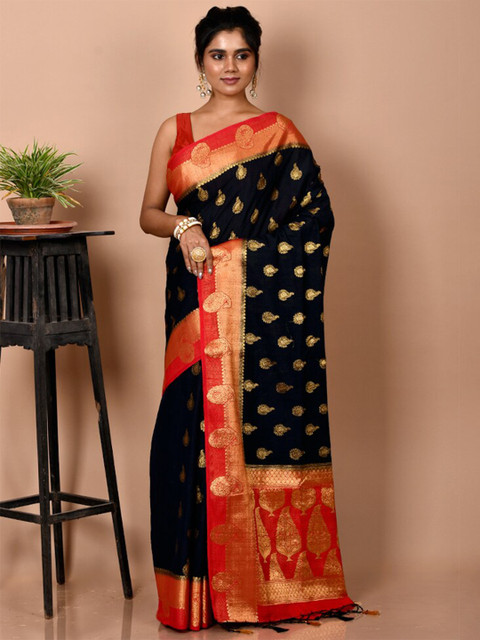 

AllSilks Black & Red Woven Design Zari Silk Blend Saree