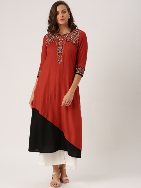 

IMARA Women Red & Black Yoke Design Asymmetrical Hem A-Line Kurta