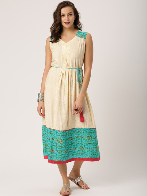 

IMARA Women Off-White Printed A-Line Midi Dress