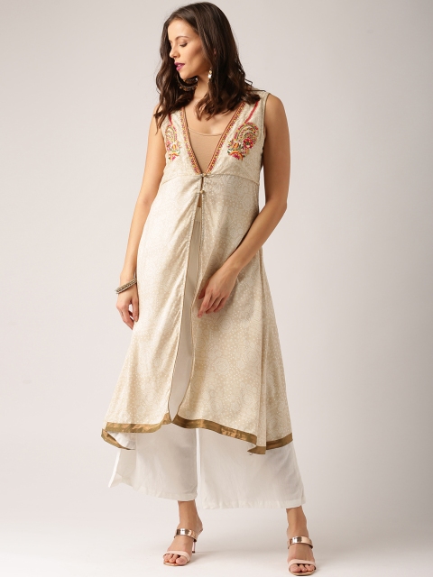 

IMARA Women Beige & Off-White Printed Longline Shrug