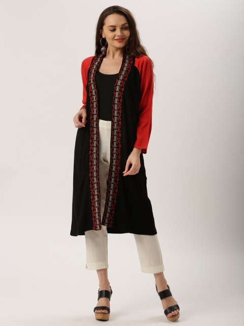

IMARA Black Self Design Open Front Shrug