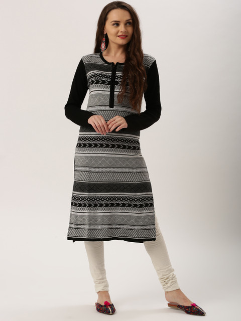 

IMARA Women Black & White Woven Design Straight Kurta