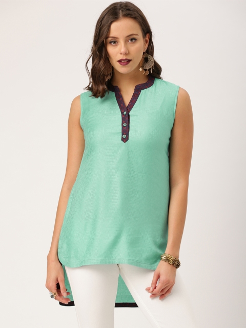 

IMARA Women Sea Green Self-Design High-Low Top