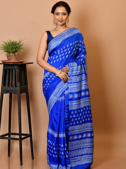 

AllSilks Blue & White Ethnic Motifs Pure Silk Block Print Saree