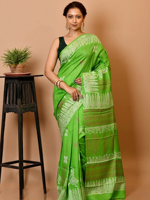 

AllSilks Green & White Ethnic Motifs Pure Silk Block Print Saree