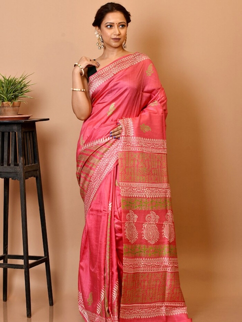 

AllSilks Pink & Green Floral Pure Silk Block Print Saree