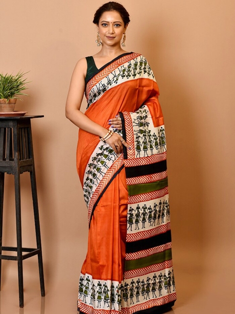 

AllSilks Orange & White Warli Pure Silk Block Print Saree