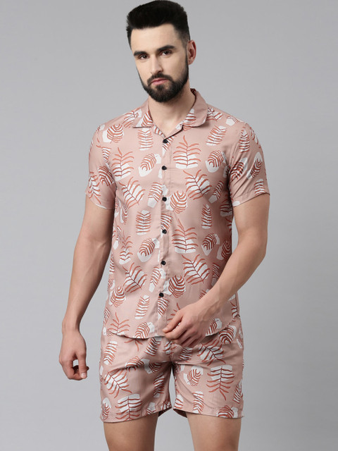

TRUNDZ Men Brown & White Tropical Printed Night suit