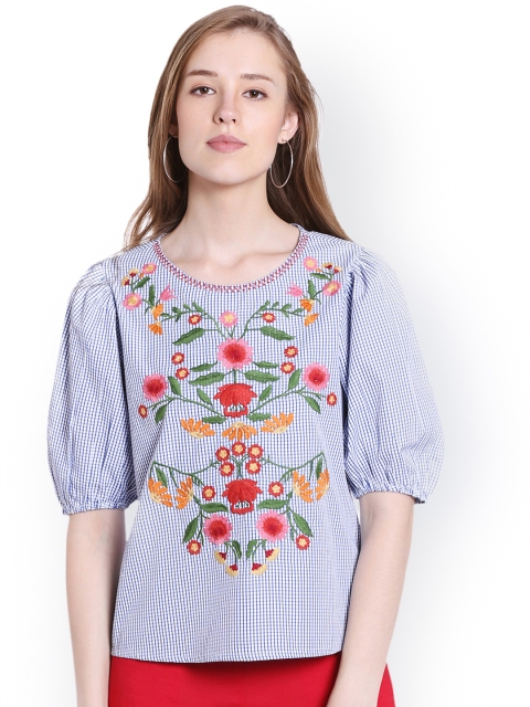 

Fusion Beats Women Blue & White Embroidered Checked Top