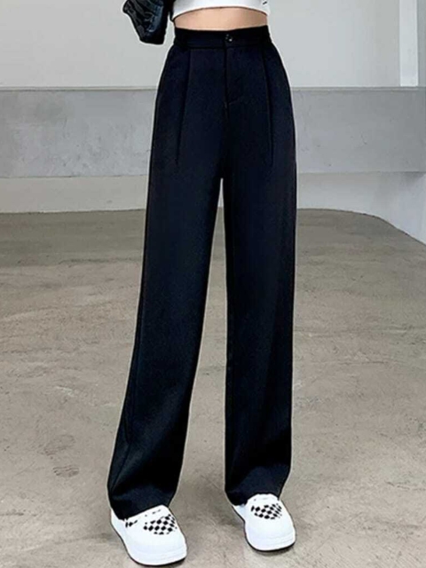 

BROADSTAR Women Black Solid Loose Fit Formal Parallel Trousers