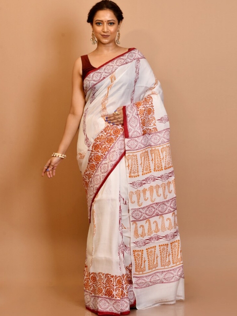 

AllSilks White & Orange Ethnic Motifs Pure Silk Block Print Saree
