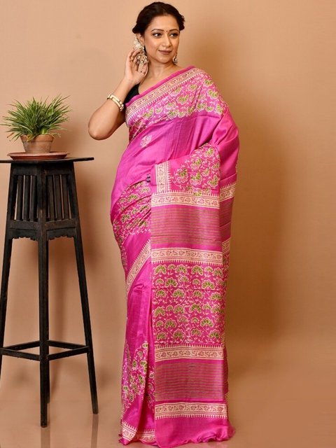 

AllSilks Pink & Green Floral Pure Silk Block Print Saree