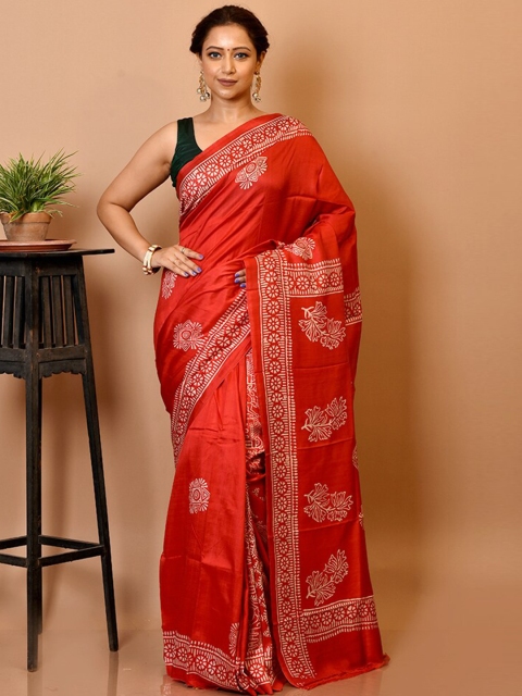 

AllSilks Red & White Floral Pure Silk Block Print Saree