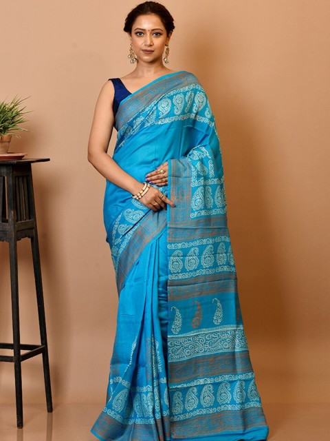 

AllSilks Blue & White Paisley Pure Silk Block Print Saree