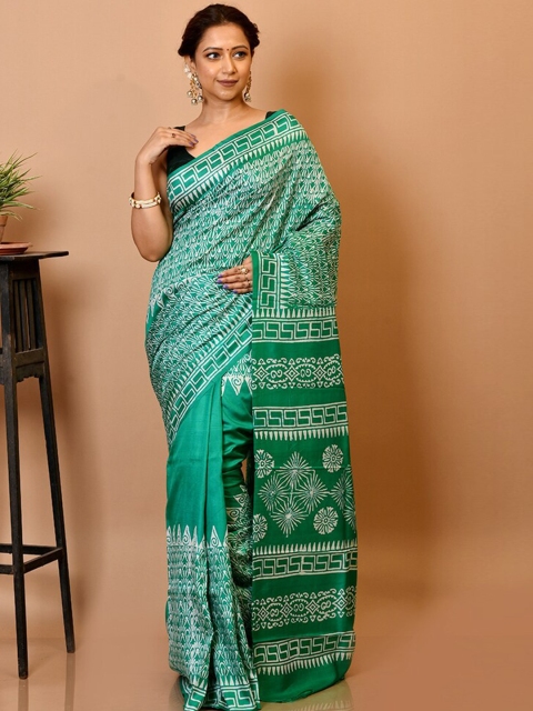 

AllSilks Green & White Zari Pure Silk Block Print Saree