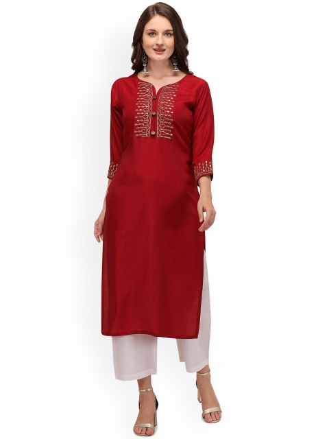

Mclothings Women Red Ethnic Motifs Embroidered Gotta Patti Kurta with Trousers