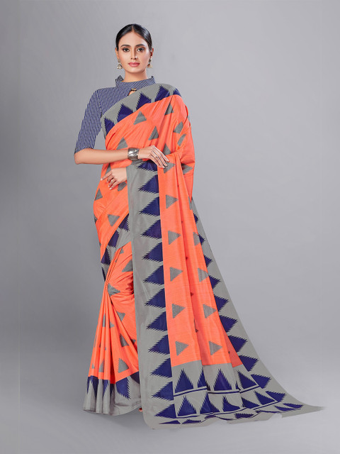 

VIMLA Coral & Grey Geometric Print Art Silk Mysore Silk Saree