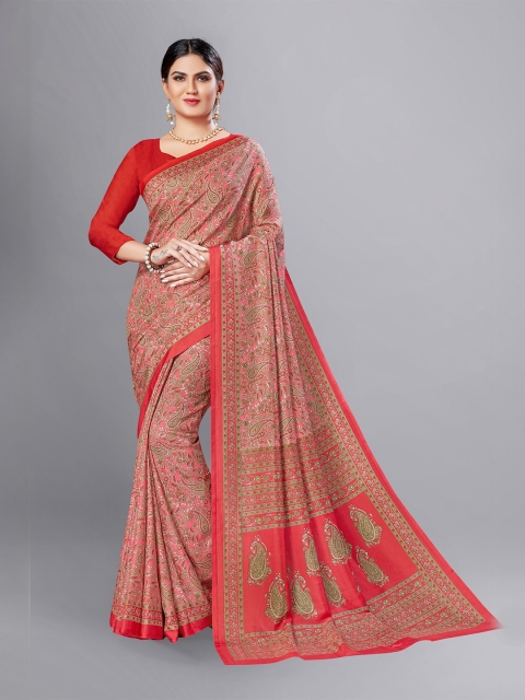 

VIMLA Red & Green Paisley Print Art Silk Mysore Silk Saree