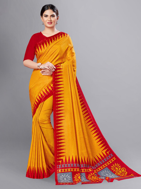 

VIMLA Yellow & Red Geometric Print Art Silk Mysore Silk Saree