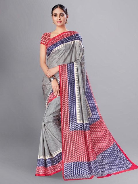 

VIMLA Grey & Pink Geometric Print Art Silk Mysore Silk Saree
