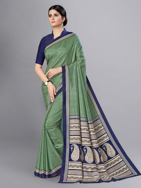 

VIMLA Green & Blue Polka Dot Print Art Silk Mysore Silk Saree