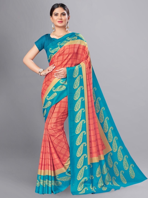 

VIMLA Orange & Blue Checked Art Silk Mysore Silk Saree