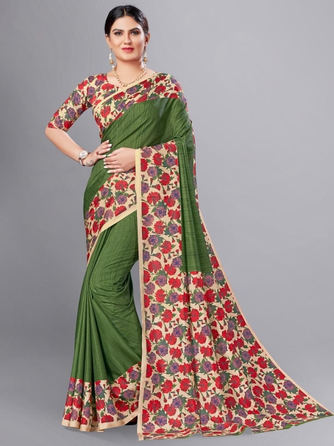 

VIMLA Green & Red Floral Print Art Silk Mysore Silk Saree