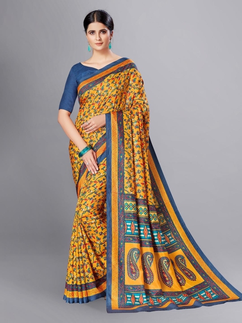 

VIMLA Yellow & Blue Floral Print Art Silk Mysore Silk Saree