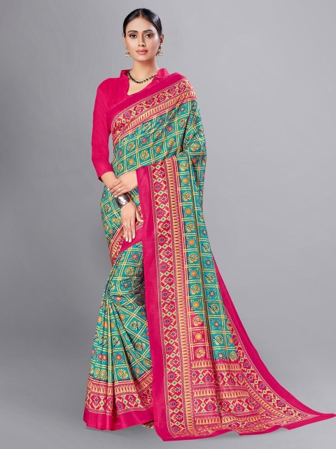 

VIMLA Turquoise Blue & Pink Kalamkari Print Art Silk Mysore Silk Saree