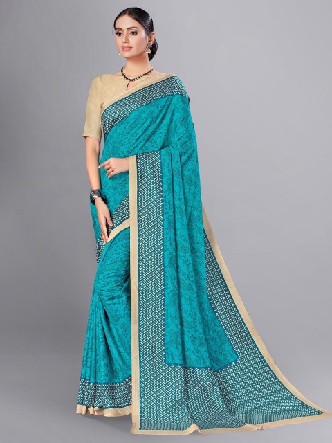 

VIMLA Turquoise Blue & Beige Floral Print Art Silk Mysore Silk Saree