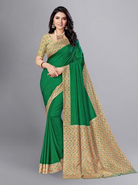 

VIMLA Green & Yellow Geometric Print Art Silk Mysore Silk Saree
