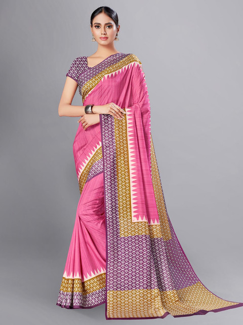 

VIMLA Pink & Purple Geometric Print Border Art Silk Mysore Silk Saree