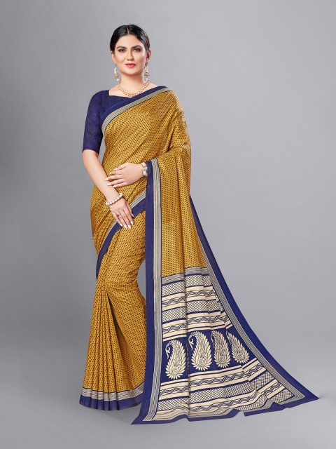 

VIMLA Mustard Yellow & Blue Polka Dot Printed Art Silk Mysore Silk Saree
