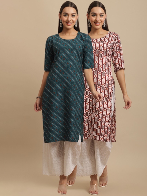

KALINI Women Multicoloured Geometric Printed Thread Work Block Print Handloom Crepe Kurta, Multi