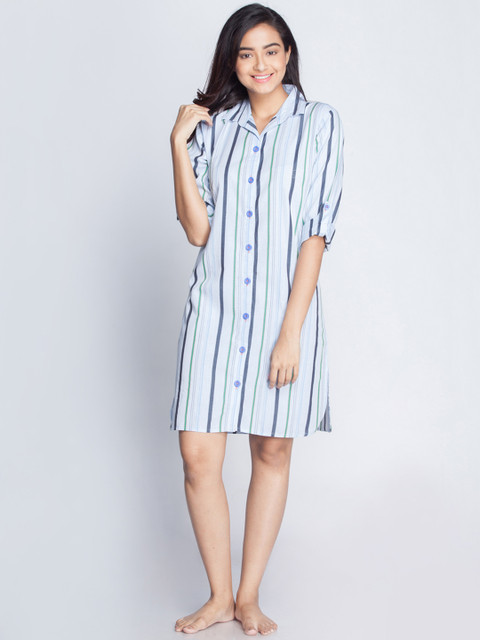 

Clt.s Women Blue & White Striped Pure Cotton Sleep Shirt