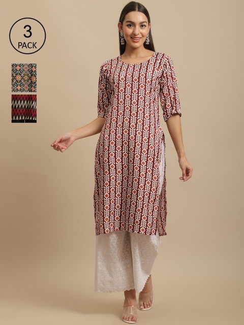 

KALINI Women Multicoloured Geometric Printed Thread Work Block Print Handloom Crepe Kurta, Multi