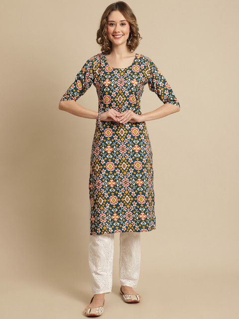 

KALINI Women Multicoloured Chevron Keyhole Neck Extended Sleeves Thread Work Block Print Handloom Crepe Kurta, Multi