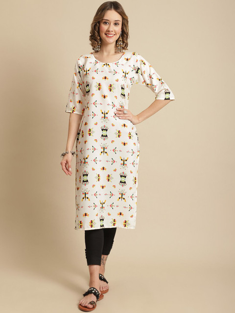 

KALINI Women Multicoloured Floral Printed Flared Sleeves Thread Work Block Print Handloom Crepe Kurta, Multi