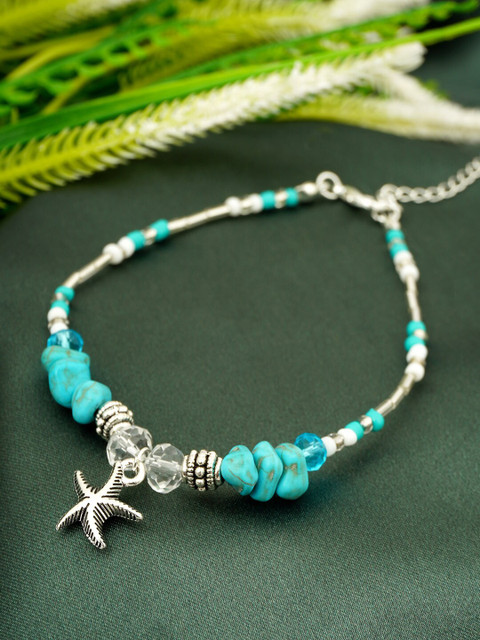 

Ferosh Silver-Plated Blue & White Artificial stones and beaded Anklets