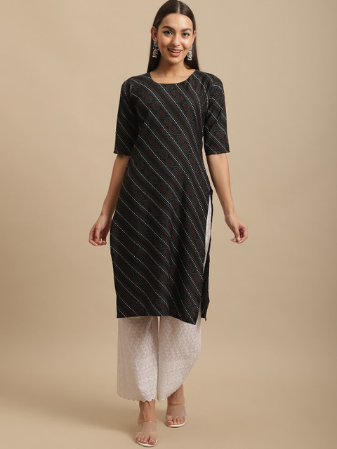 

KALINI Women Multicoloured Bandhani Printed Keyhole Neck Thread Work Block Print Handloom Crepe Kurta, Multi