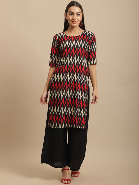 

KALINI Women Multicoloured Bandhani Printed Keyhole Neck Thread Work Block Print Handloom Crepe Kurta, Multi