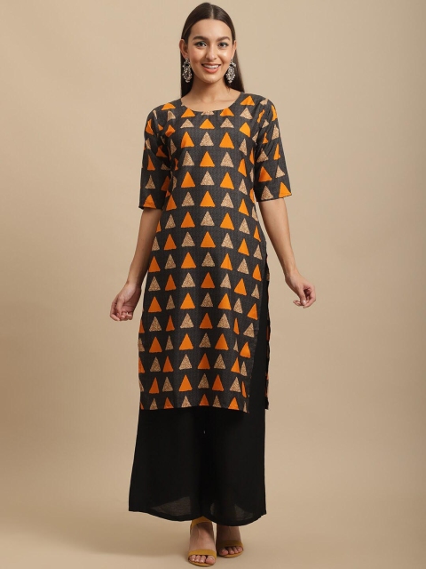 

KALINI Women Multicoloured Geometric Thread Work Block Print Handloom Crepe Kurta, Multi