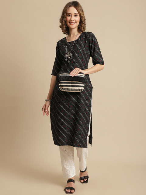 

KALINI Women Multicoloured Floral Printed Flared Sleeves Thread Work Block Print Handloom Crepe Kurta, Multi