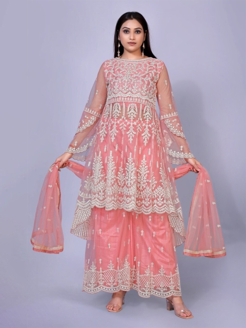 

kasee Peach-Coloured Floral Net Maxi Maxi Dress